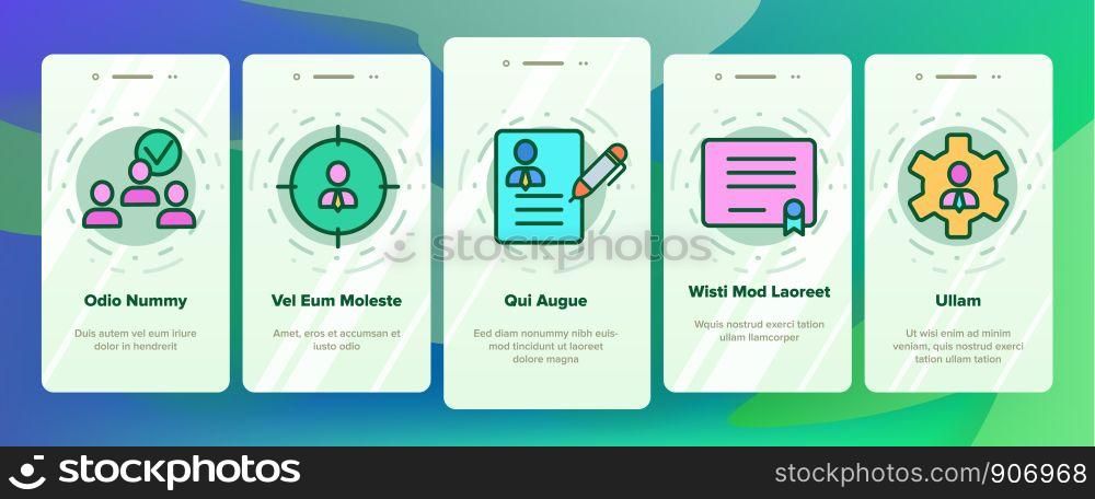 HR Human Resources Onboarding Mobile App Page Screen Vector Thin Line. Profile And Target With Arrow, Handshake, Character Businessman And Video Conference HR Linear Pictograms. Illustrations. HR Human Resources Onboarding Vector