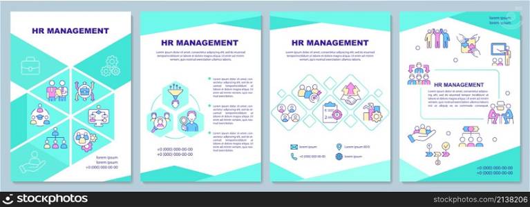 HR management brochure template. Recruitment process. Booklet print design with linear icons. Vector layouts for presentation, annual reports, ads. Arial-Black, Myriad Pro-Regular fonts used. HR management brochure template