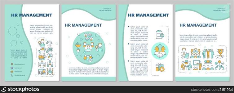 HR management mint brochure template. Recruitment process. Booklet print design with linear icons. Vector layouts for presentation, annual reports, ads. Arial-Black, Myriad Pro-Regular fonts used. HR management mint brochure template