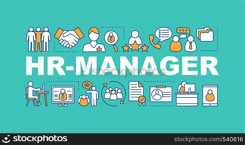HR management word concepts banner. Human resources. Employment. Recruitment. Staff hiring. Isolated lettering typography idea with linear icons. Vector outline illustration. HR management word concepts banner