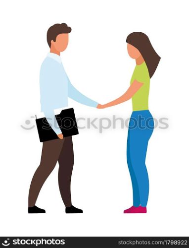 Hr manager hires girl for job semi flat color vector characters. Full body people on white. Interviewing new employee isolated modern cartoon style illustration for graphic design and animation. Hr manager hires girl for job semi flat color vector characters