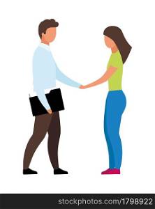 Hr manager hires girl for job semi flat color vector characters. Full body people on white. Interviewing new employee isolated modern cartoon style illustration for graphic design and animation. Hr manager hires girl for job semi flat color vector characters