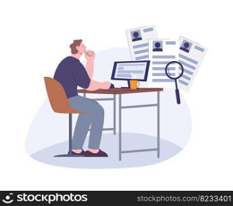 HR manager looking CV online form and searching employee. Businessman working at computer, remote boss and job. Vector recruiting concept of candidate cv and recruitment illustration. HR manager looking CV online form and searching employee. Businessman working at computer, remote boss and job. Vector recruiting concept