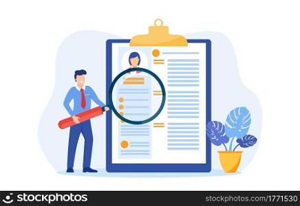 HR manager looking through a magnifying glass on job candidate CV. recruitment agency. Vector illustration in flat style. HR manager looking through a magnifying glass