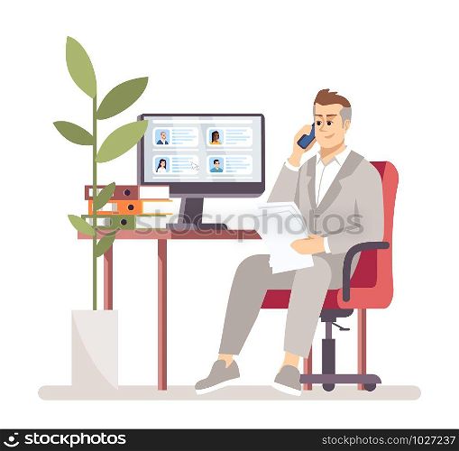 HR manager searching vacancy candidate flat vector illustration. Employment service. Employer choosing worker. Recruiter calls applicant isolated cartoon character on white background