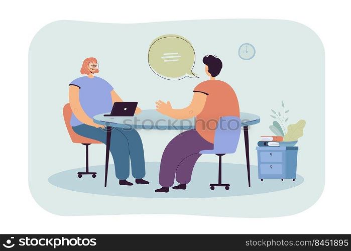 HR manager talking with candidate at job interview flat vector illustration. Cartoon employee or job seeker meeting with employer. Career and business conversation concept