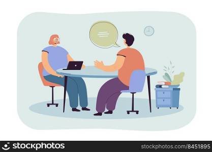 HR manager talking with candidate at job interview flat vector illustration. Cartoon employee or job seeker meeting with employer. Career and business conversation concept