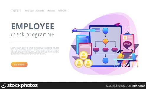 HR manager with employee at interview and business flow chart. Employee assessment software, HR company system, employee check programme concept. Website vibrant violet landing web page template.. Employee assessment software concept landing page.