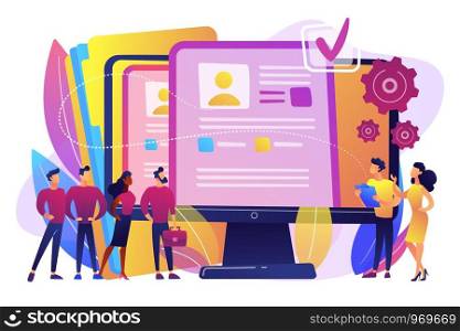 HR managers hiring candidates with hr software and resume on computer. HR software, human resources technology, employee effectivity control concept. Bright vibrant violet vector isolated illustration. HR software concept vector illustration.