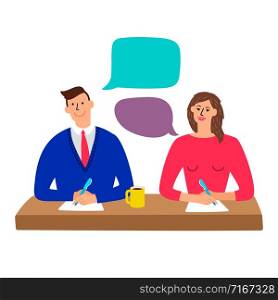 HR managers job interview vector isolated on white background. Illustration of hr people management, business woman and man. HR managers job interview vector isolated on white background