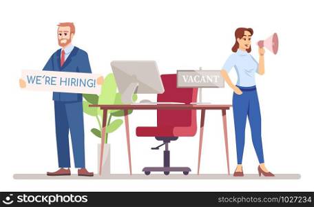 HR managers looking for worker flat vector illustration. Staff recruitment in team. Vacant job position. Hot vacancy. Man and woman hiring employers isolated cartoon character on white background