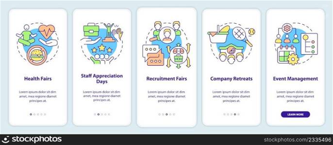 HR organizing skills onboarding mobile app screen. Corporate walkthrough 5 steps graphic instructions pages with linear concepts. UI, UX, GUI template. Myriad Pro-Bold, Regular fonts used. HR organizing skills onboarding mobile app screen