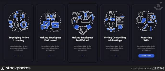 HR professional skills night mode onboarding mobile app screen. Hiring walkthrough 5 steps graphic instructions pages with linear concepts. UI, UX, GUI template. Myriad Pro-Bold, Regular fonts used. HR professional skills night mode onboarding mobile app screen
