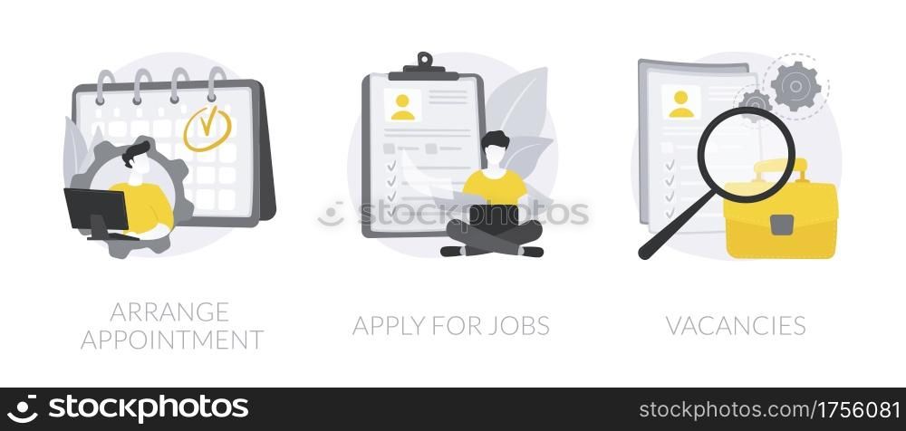 HR service abstract concept vector illustration set. Arrange appointment, apply for jobs, vacancies list, start career, company webpage, apply online, find job opportunity abstract metaphor.. HR service abstract concept vector illustrations.