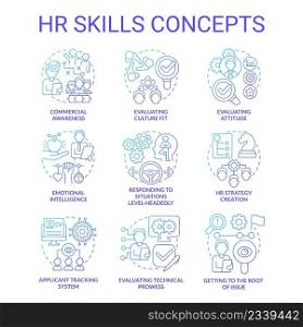 HR skills blue gradient concept icons set. Human resources. Business and career idea thin line color illustrations. Isolated symbols. Editable stroke. Roboto-Medium, Myriad Pro-Bold fonts used. HR skills blue gradient concept icons set