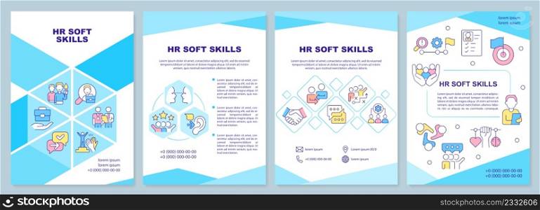 HR soft skills blue brochure template. Employment process. Leaflet design with linear icons. 4 vector layouts for presentation, annual reports. Arial-Black, Myriad Pro-Regular fonts used. HR soft skills blue brochure template
