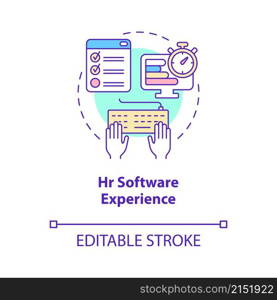 HR software experience concept icon. Skills for human resources abstract idea thin line illustration. Isolated outline drawing. Editable stroke. Roboto-Medium, Myriad Pro-Bold fonts used. HR software experience concept icon