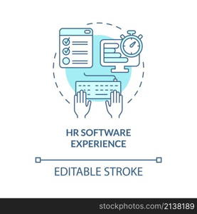 HR software experience turquoise concept icon. Skills for human resources abstract idea thin line illustration. Isolated outline drawing. Editable stroke. Roboto-Medium, Myriad Pro-Bold fonts used. HR software experience turquoise concept icon