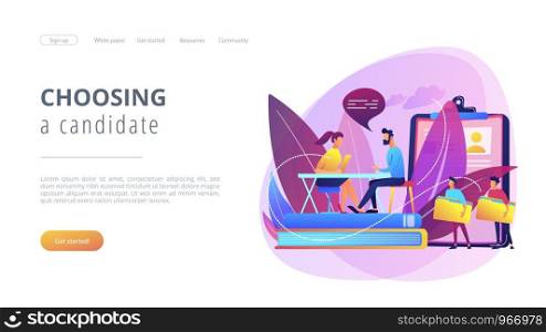 HR specialist having an interview with job applicant and candiadates waiting. Job interview, employment process, choosing a candidate concept. Website vibrant violet landing web page template.. Job interview concept landing page.