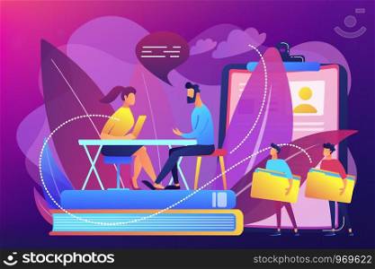 HR specialist having an interview with job applicant and candiadates waiting. Job interview, employment process, choosing a candidate concept. Bright vibrant violet vector isolated illustration. Job interview concept vector illustration.