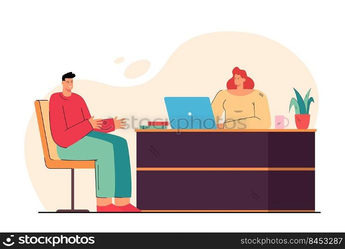 HR woman and job candidate man meeting for interview, talking in office. Recruit agent and employee conversation. Vector illustration for hiring, job search, career, employment concept