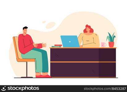 HR woman and job candidate man meeting for interview, talking in office. Recruit agent and employee conversation. Vector illustration for hiring, job search, career, employment concept