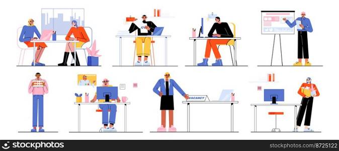 HR work concept, meeting and online interview with candidates, hiring employees to company. People in office, managers recruit staff, man search job, girl fired, vector flat illustration. HR work concept, online interview with candidates