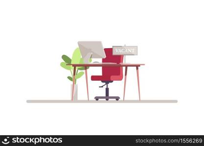 HR workspace semi flat RGB color vector illustration. Computer monitor on desktop. Chair near table in office space. Corporate workstation isolated cartoon object on white background. HR workspace semi flat RGB color vector illustration