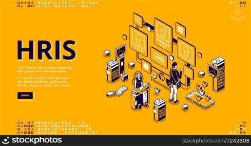 Hris isometric landing page. Human resources information system IT and HR technologies, people at multiple screens with software for employees organization and store data 3d vector line art web banner. Hris isometric landing page. Human resources tech