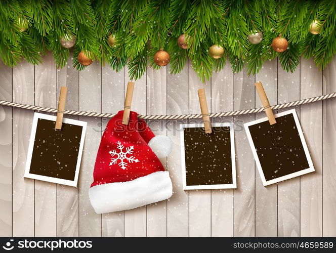 ?hristmas background with photos and a Santa hat. Vector.