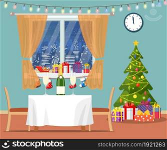 hristmas room interior. Christmas tree, table, gifts and decoration. Merry christmas holiday. New year and xmas celebration. Vector illustration flat style .. hristmas room interior.