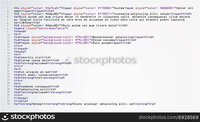 HTML Abstract Code Vector. Colorful Tags In Browser View. Source Code. Abstract Computer Script.. HTML Simple Code Vector. Colorful Abstract Program Tags In Developer View. Screen Of Colored Lighted Syntax Of Source Code