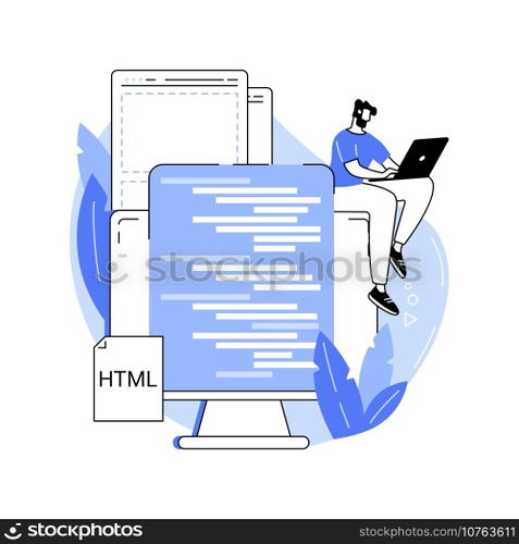 HTML coding isolated cartoon vector illustrations. Front end developer creating website, coding, IT industry, embed images and videos, create form, HTML programming language vector cartoon.. HTML coding isolated cartoon vector illustrations.
