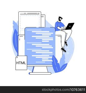 HTML coding isolated cartoon vector illustrations. Front end developer creating website, coding, IT industry, embed images and videos, create form, HTML programming language vector cartoon.. HTML coding isolated cartoon vector illustrations.