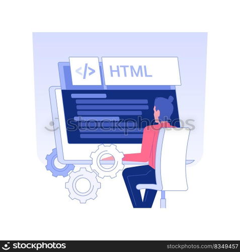 HTML coding isolated concept vector illustration. Developer using HTML coding for creating website, IT company, embed images and videos, create forms, programming language vector concept.. HTML coding isolated concept vector illustration.