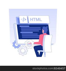 HTML coding isolated concept vector illustration. Developer using HTML coding for creating website, IT company, embed images and videos, create forms, programming language vector concept.. HTML coding isolated concept vector illustration.
