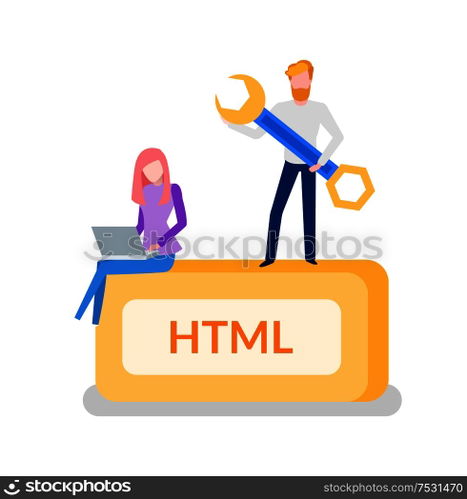 HTML programming man developer with tool instrument for optimization vector. Woman working on laptop, development of web code services and web sites. HTML Programming Man Developer with Instrument