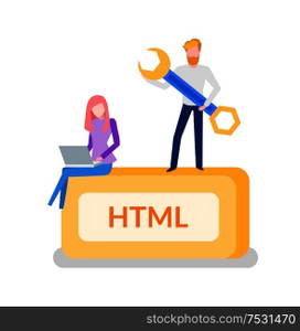 HTML programming man developer with tool instrument for optimization vector. Woman working on laptop, development of web code services and web sites. HTML Programming Man Developer with Instrument