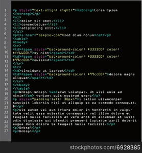 HTML Simple Code Vector. Colorful Abstract Program Tags In Developer View. Screen Of Colored Lighted Syntax Of Source Code Script. Black Background.. HTML Simple Code Vector. Colorful Abstract Program Tags In Developer View. Screen Of Colored Lighted Syntax Of Source Code