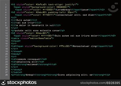 HTML Simple Code Vector. Colorful Abstract Program Tags In Developer View. Screen Of Colored Lighted Syntax Of Source Code Script. Black Background.. HTML Simple Code Vector. Colorful Abstract Program Tags In Developer View. Screen Of Colored Lighted Syntax Of Source Code