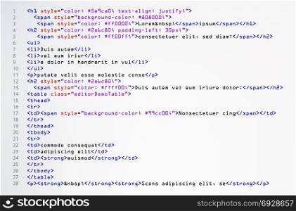 HTML Simple Code Vector. Colorful Abstract Program Tags In Developer View. Screen Of Colored Lighted Syntax Of Source Code Script. White background.. HTML Simple Code Vector. Colorful Abstract Program Tags In Developer View. Screen Of Colored Lighted Syntax Of Source Code