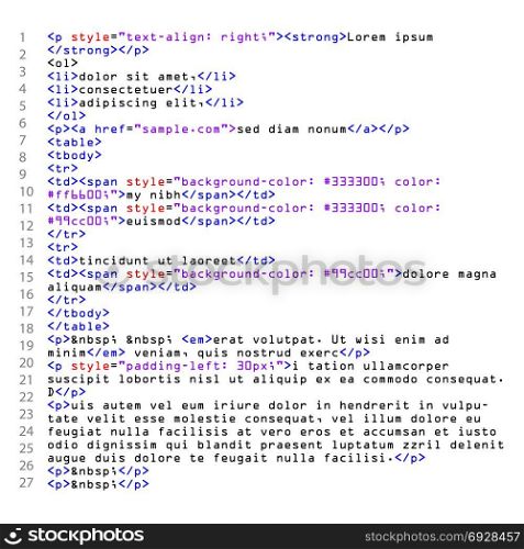 HTML Simple Website Code Vector.. HTML Simple Code Vector. Colorful Abstract Program Tags In Developer View. Screen Of Colored Lighted Syntax Of Source Code