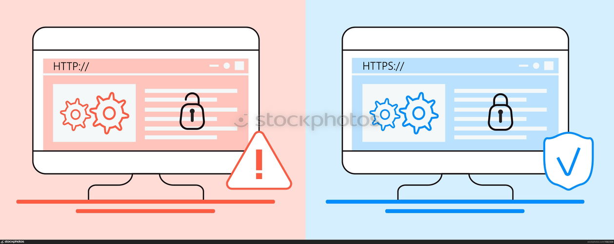 HTTP and HTTPS protocols difference concept vector. Cyber safe, security for website, app are shown. Lock is opened and closed on screenshots illustration in flat style.. HTTP and HTTPS protocols difference concept vector. Cyber safe, security for website, app are shown. Lock is opened and closed on screenshots illustration.