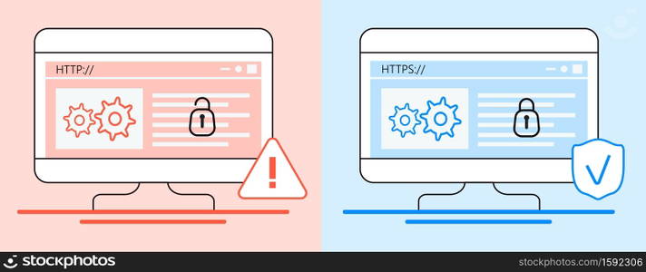 HTTP and HTTPS protocols difference concept vector. Cyber safe, security for website, app are shown. Lock is opened and closed on screenshots illustration in flat style.. HTTP and HTTPS protocols difference concept vector. Cyber safe, security for website, app are shown. Lock is opened and closed on screenshots illustration.