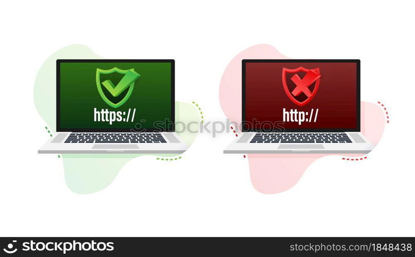 Http and https protocols on shield on laptop, on white background. Vector illustration. Http and https protocols on shield on laptop, on white background. Vector illustration.