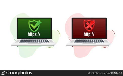 Http and https protocols on shield on laptop, on white background. Vector illustration. Http and https protocols on shield on laptop, on white background. Vector illustration.