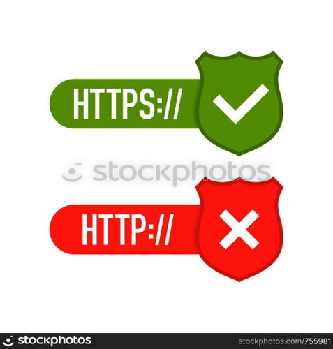 http and https protocols on shield, on white background. Vector stock illustration