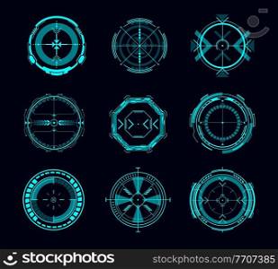 HUD aim control, futuristic target or navigation interface vector design of game ui or gui. Military crosshair, digital focus, sniper weapon scope and collimator sight screen, Sci Fi, shooting games. HUD aim control, futuristic target or navigation