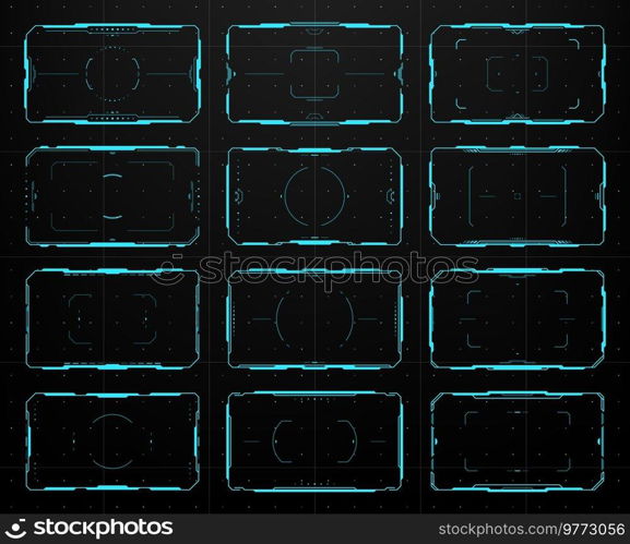 Hud aim control target frames. UI interface, electronic military viewfinder, game UI gun crosshair displays, control panel vector digital frames. Futuristic airplane pilot dashboard screens. HUD UI interface aim control target frames set