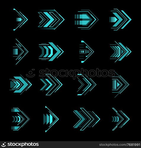 Hud arrows, futuristic navigation pointers, Sci Fi Ui interface vector elements. Futuristic neon glowing buttons for computer game or app menu, modern graphic design in digital techno style set. Hud arrows, futuristic navigation Sci Fi pointers